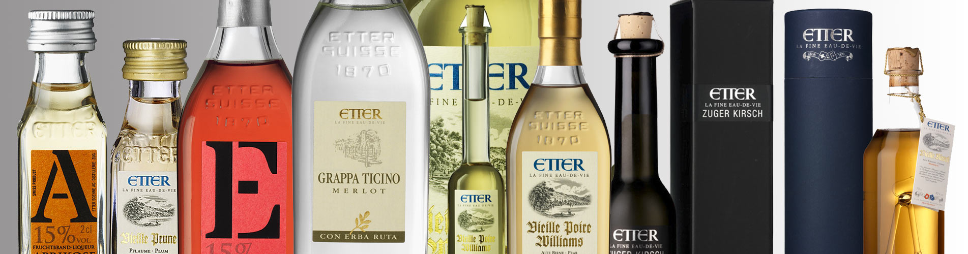 eau-de-vie, kirsch, poire Williams, mirabelle liqueurs et spiritueux distillerie Etter Suisse